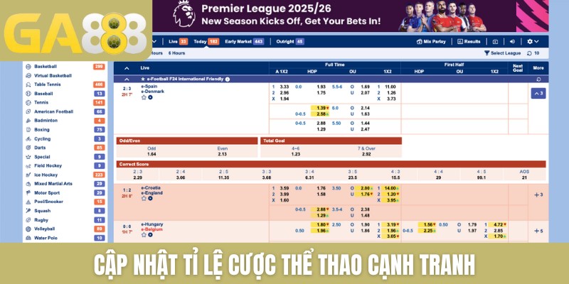 Cập nhật tỉ lệ cược thể thao cạnh tranh